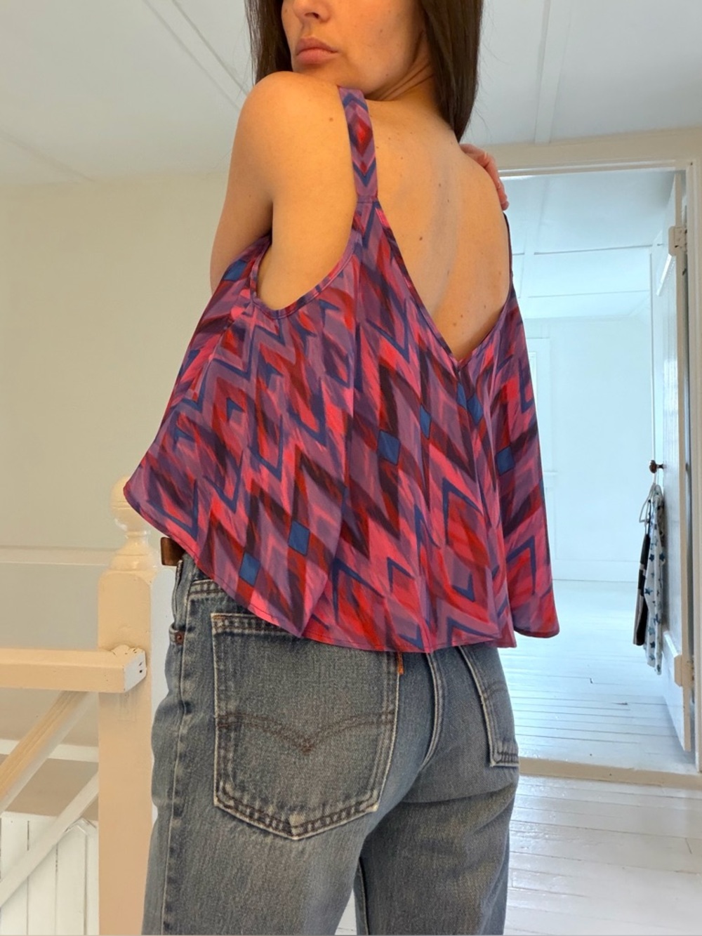 Lovers + Friends Satin Diamond Print Flare Babydoll Top Purple/Pink Size S $98